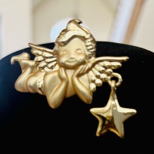 Signed AJC Angel On My Shoulder Vintage Brooch with Dangle Star Charm